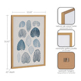 Framed print featuring twelve stylized blue shell shapes arranged in a rectangular grid within a natural oak wood frame with a gold finish and minimalist gallery profile.