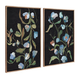 Two framed black canvases featuring delicate, loosely painted green leaves and soft blue and white flowers with subtle peach accents, arranged vertically.