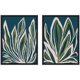 Two framed canvas artworks featuring large stylized botanical leaves with green and gold accents on a deep teal background by Alicia Bock.