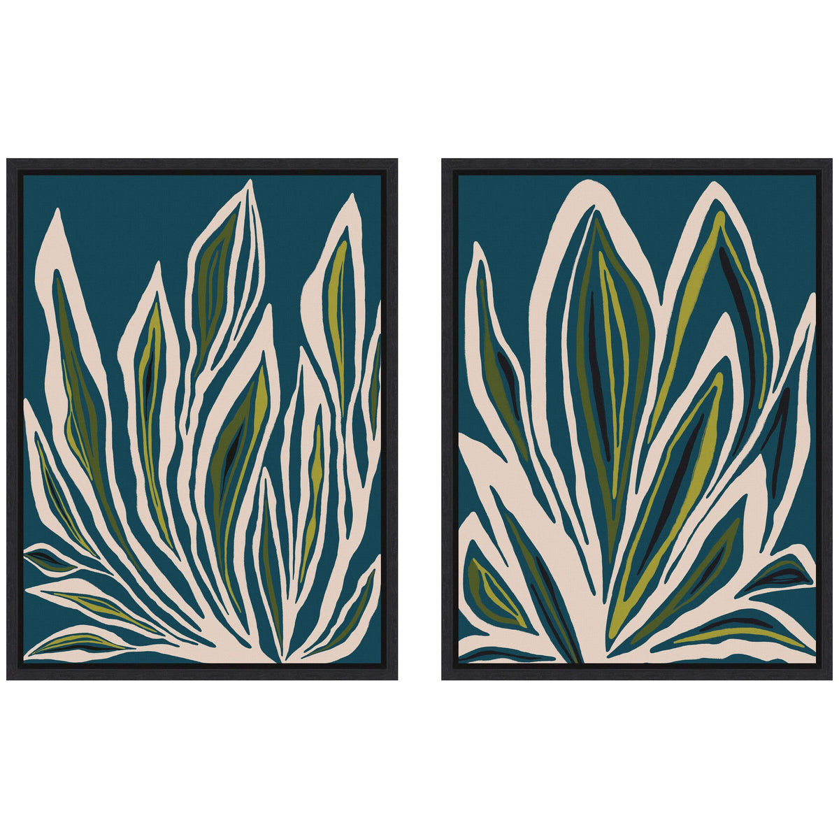 Two framed canvas artworks featuring large stylized botanical leaves with green and gold accents on a deep teal background by Alicia Bock.