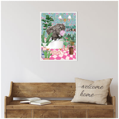 Sylvie Maximalist Bathroom Elephant Bubblegum Framed Canvas by Honey Island Studio