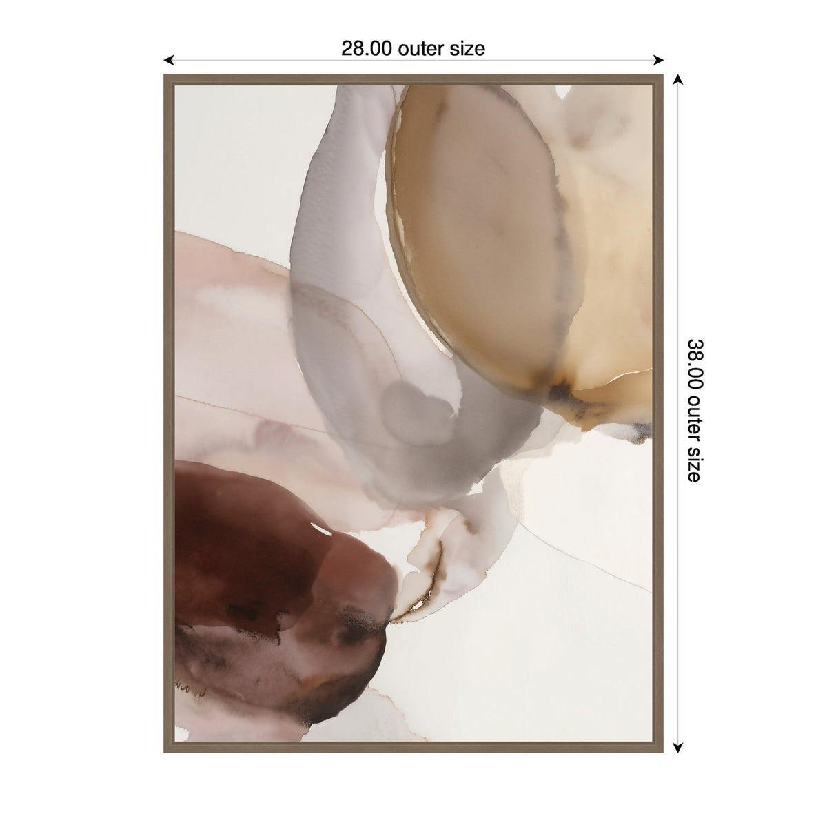 Abstract watercolor canvas with overlapping organic shapes in soft beige, taupe, and brown tones, framed in a thin natural wood border, measuring 28 by 38 inches.