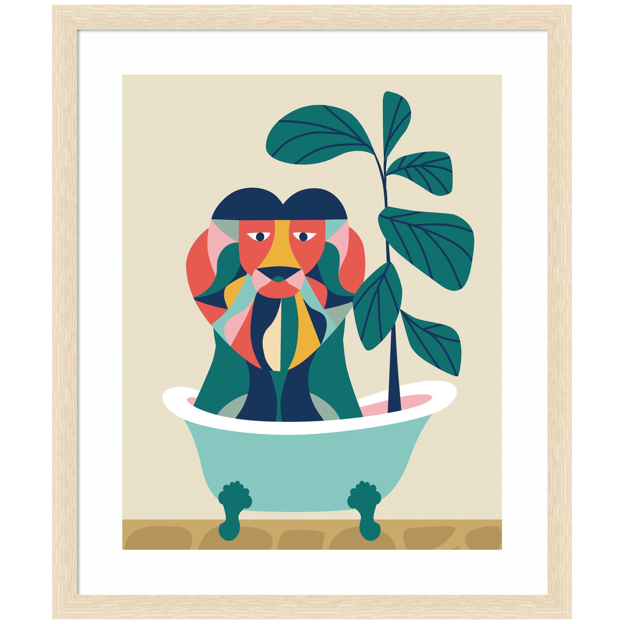 Framed Mid Century Modern art print of an abstract lion in a colorful geometric design sitting in a vintage bathtub with a green plant nearby.