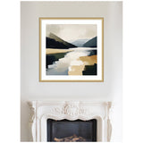 Framed abstract landscape painting of a mountain lake with muted earth tones and soft brushstrokes above a white ornate mantelpiece.