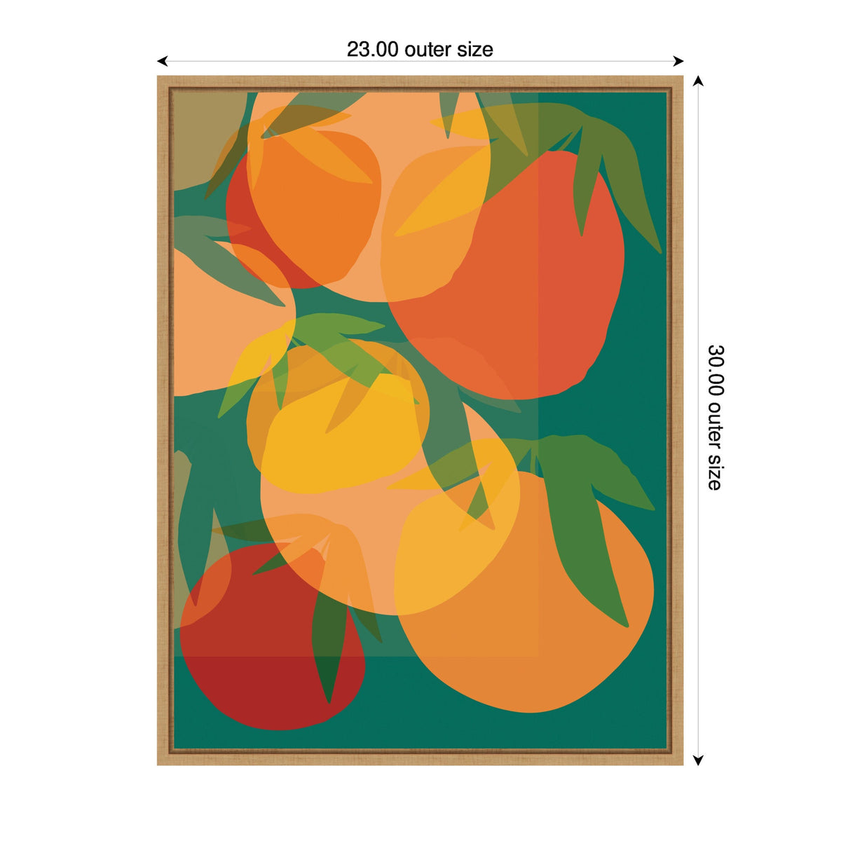Framed canvas artwork featuring overlapping orange, red, and yellow citrus fruits with green leaves on a teal background, measuring 23 by 30 inches.