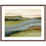 Abstract landscape watercolor with layered hills in green and brown tones and a flowing blue-gray river under a beige sky, framed in dark wood.
