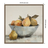 Still life painting of yellow pears and oranges in a pale blue bowl with two pears and a leaf, set against a muted light beige background.