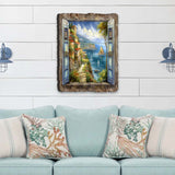 Wall art depicting an open blue window revealing a scenic coastal village with colorful buildings, sailing boats, and cliffs under a bright sky, framed by textured wood.