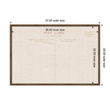 Rectangular linen fabric pinboard with vintage postcard print inside a thin wooden frame, showing inner and outer size dimensions in inches.