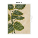 Green botanical leaves with light veins painted on a creamy beige background, framed with a white decorative border showing outer dimensions of 18 by 24 inches.