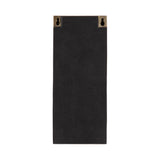 Rectangular black metal plate with two brass keyhole hangers at opposite corners on one short edge, viewed from the back.
