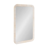Rectangular wall mirror with rounded corners and a textured light beige frame wrapping evenly around the reflective surface.