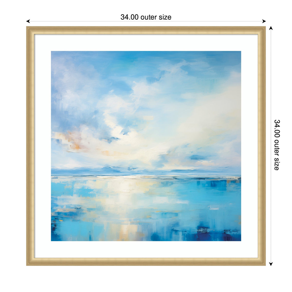 Framed abstract art depicting serene coastal waters with soft blue, white, and light orange tones blending under a cloudy sky, sized 34 by 34 inches outer frame.