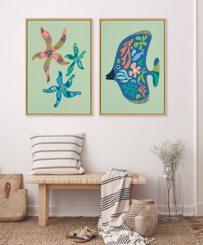 Sylvie Modern Colorful Starfish and Tropical Fish Framed Canvas Art Set by Rachel Lee