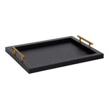 Rectangular black tray with raised edges and contrasting gold cylindrical handles on each side, shown on a white background at an angle.