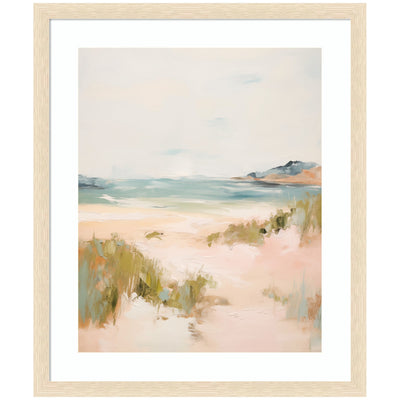 Framed wall art print titled Tranquil Landscape V expansion by Amy Lighthall with a woodgrain stripe blonde frame.