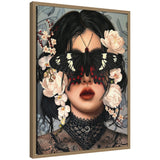 Portrait of a woman with dark hair adorned with pale flowers, her eyes obscured by a large black butterfly with white and red markings, wearing intricate black lace.
