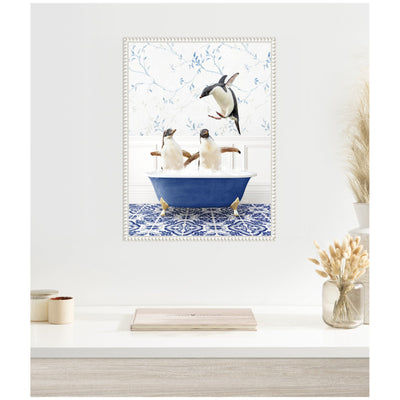 Sylvie Penguins in Eclectic Blue Bath Framed Canvas by Amy Peterson