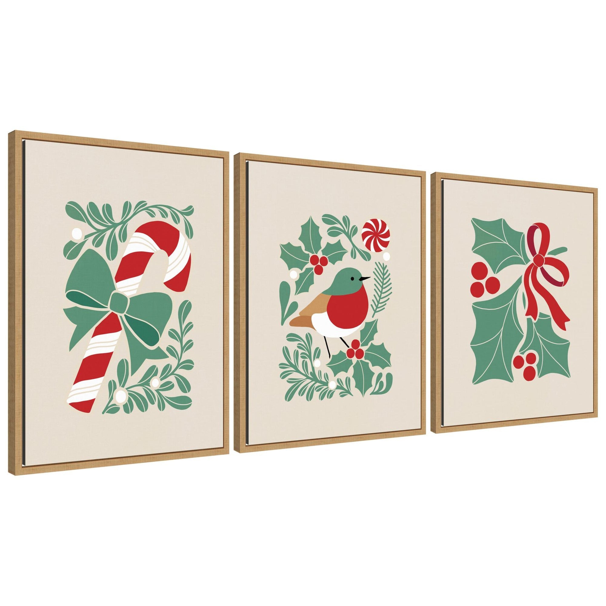 Three framed canvas prints showing a candy cane with green bow and stylized mistletoe leaves and berries