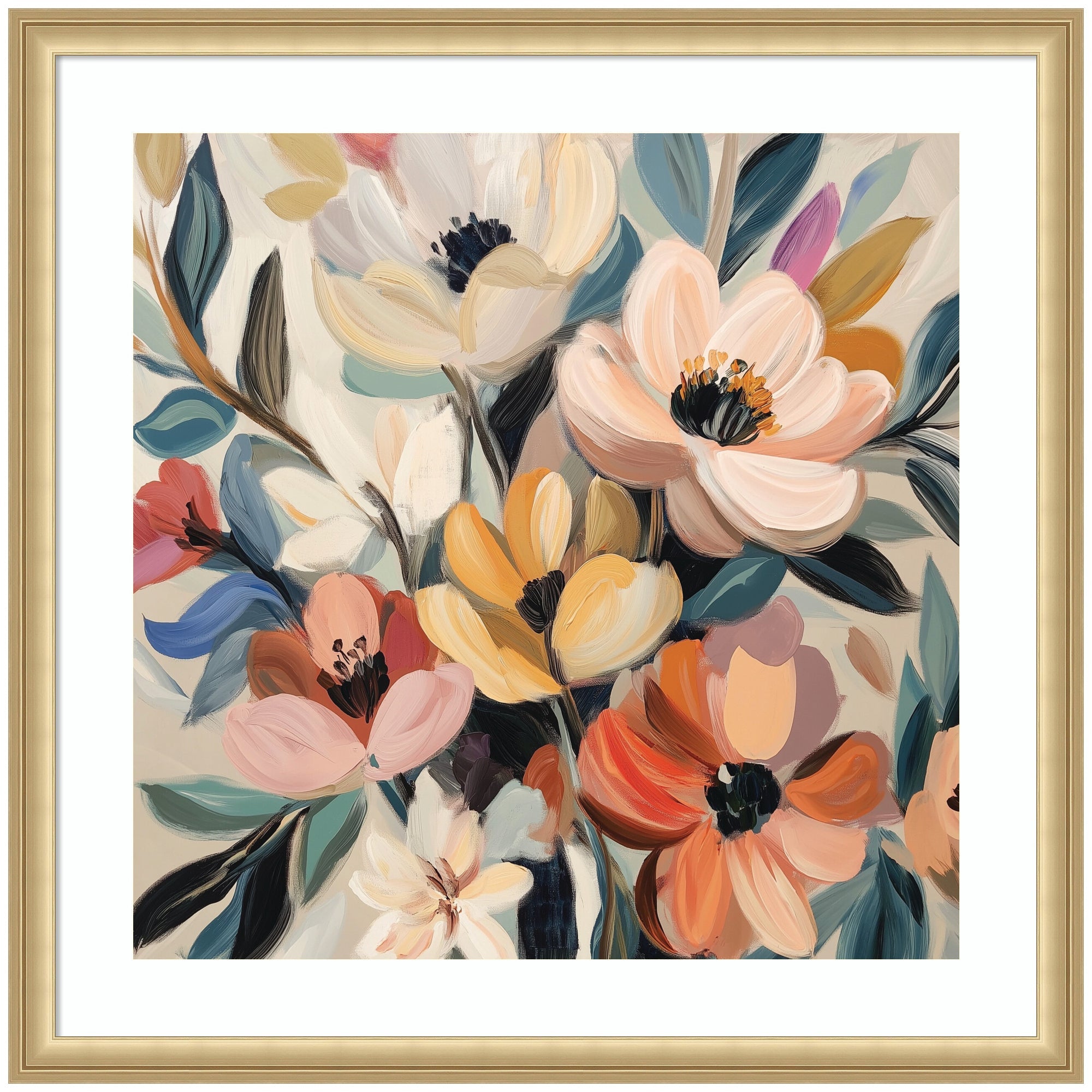 Framed abstract bouquet artwork with pink, orange, and cream flowers surrounded by broad leaves