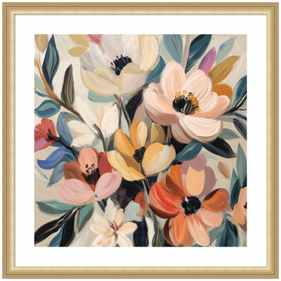 Framed abstract bouquet artwork with pink, orange, and cream flowers surrounded by broad leaves