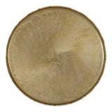 Top-down view of a round coffee table with a metallic gold textured surface and softly irregular edge detail.