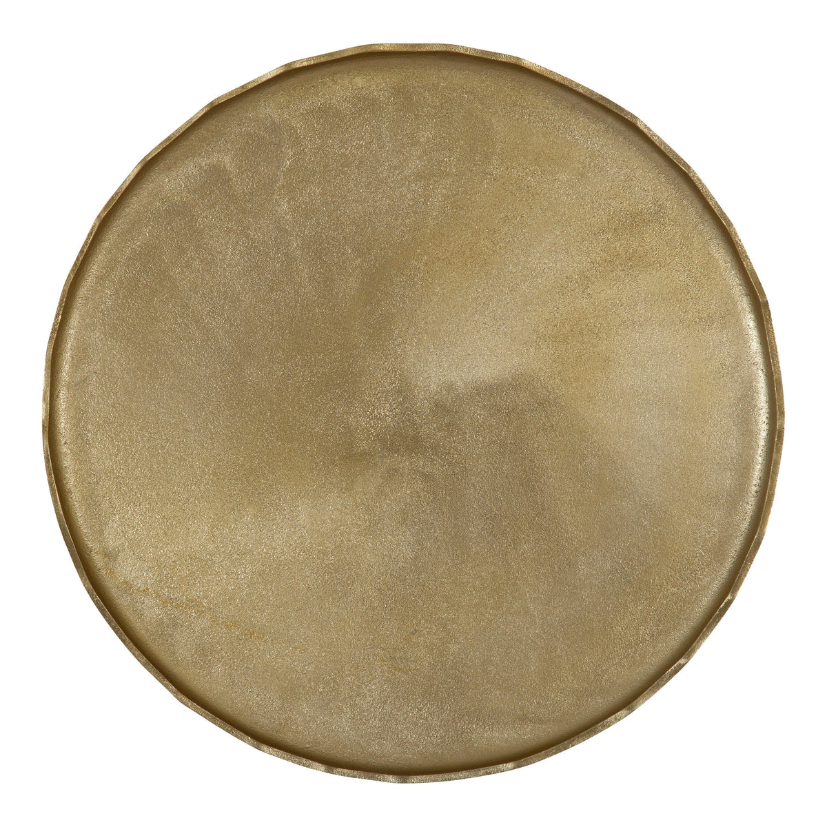 Top-down view of a round coffee table with a metallic gold textured surface and softly irregular edge detail.