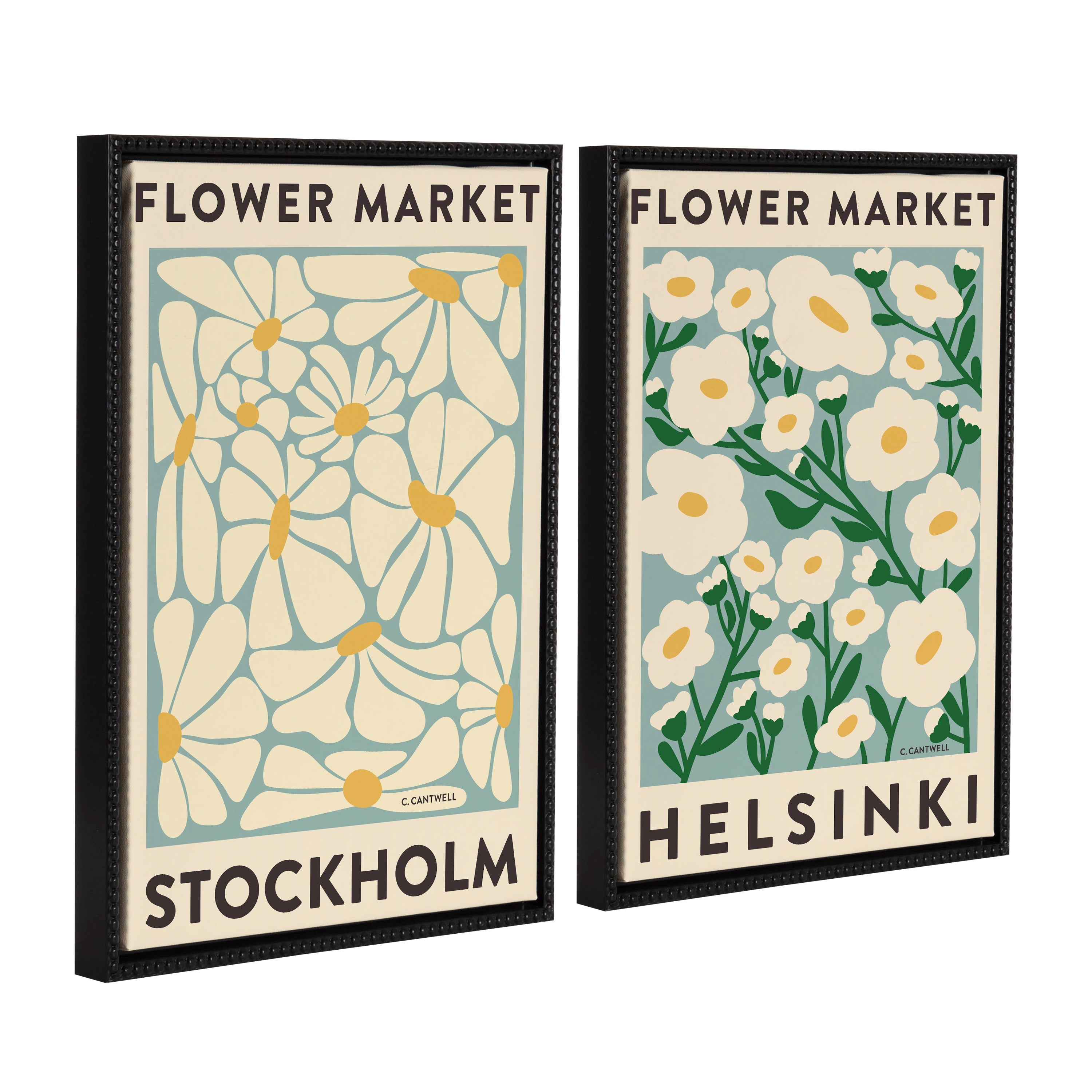 Framed pair of vintage flower market canvas prints by Carrie Cantwell in beaded black frame