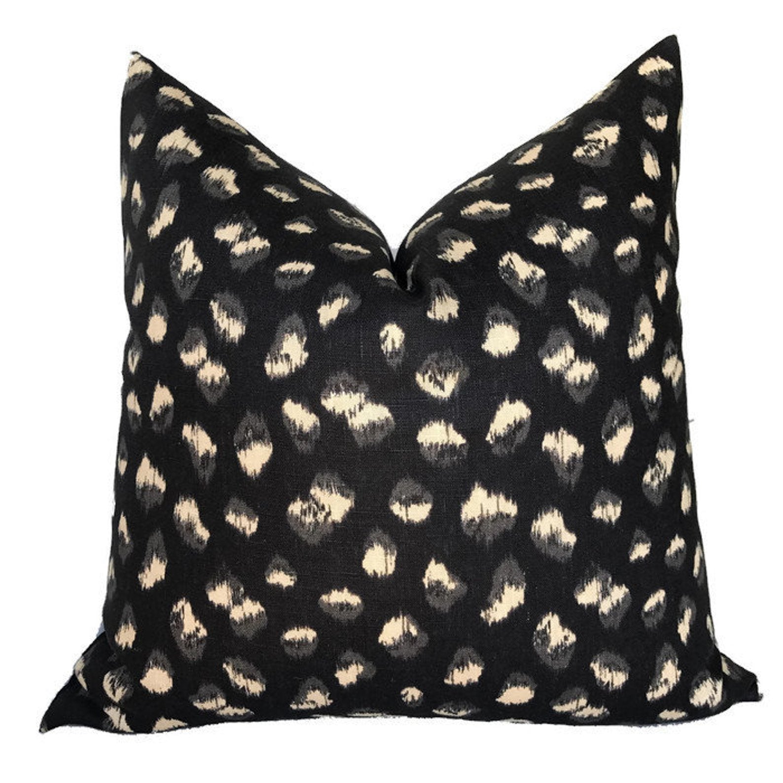 Feline Pillow Cover in Black showing front black linen fabric and back ivory linen fabric.