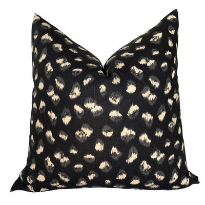 Feline Pillow Cover in Black showing front black linen fabric and back ivory linen fabric.