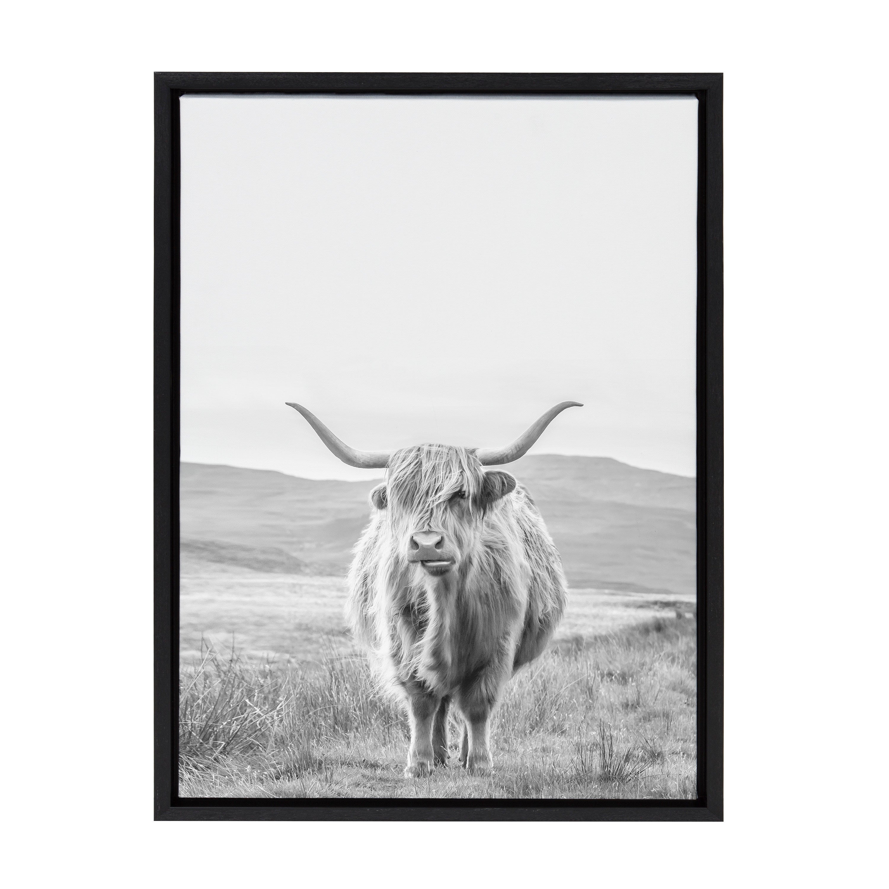 Sylvie Highland Cow Mountain Landscape Black and White Framed Canvas by