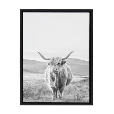 Sylvie Highland Cow Mountain Landscape Black and White Framed Canvas by