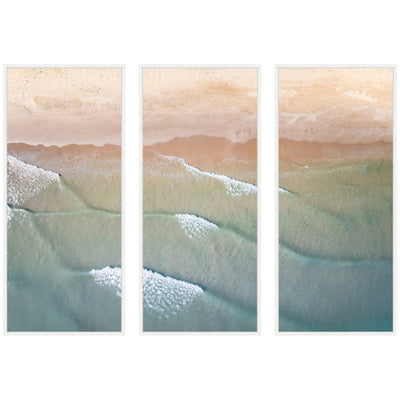 Three-piece framed canvas wall art set titled Layers of Water, depicting layered water imagery in white Sylvie frames