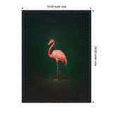 Bright pink flamingo standing on one leg against a deep green gradient background, framed with a dark ornate border.
