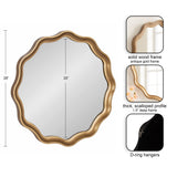 Round mirror with 1.5-inch deep scalloped antique gold solid wood frame, measuring 28 inches diameter with 25 inches reflective glass, including D-ring hangers.