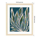 Abstract blue and green leaf shapes on a dark teal background, framed with a light wood frame measuring 22 by 26 inches in outer size.