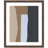 Abstract framed artwork featuring four vertical torn paper strips in beige, brown, light blue, and dark gray arranged tightly together with rough edges.