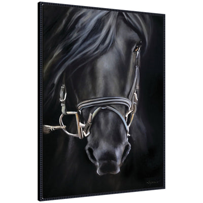 Ebony Splendor by Mary Sparrow Framed Canvas Wall Art Print depicting a black horse with ornate beaded black frame