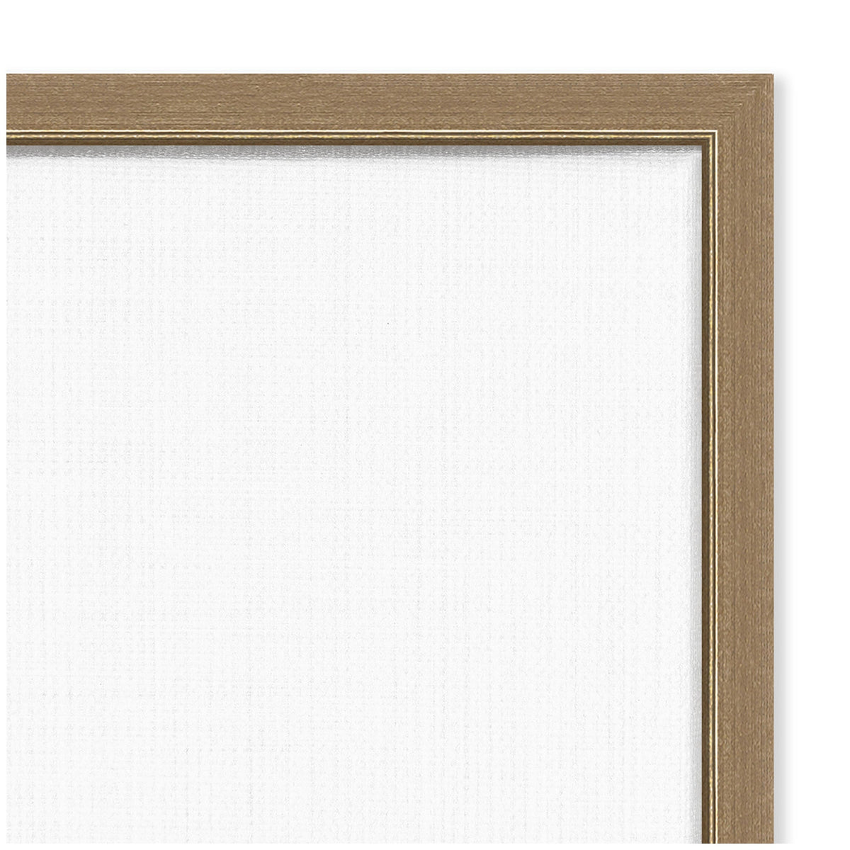 Close-up of a natural wood-toned frame with a thin inner gold liner surrounding a textured white canvas, highlighting the simple, clean corner detail.