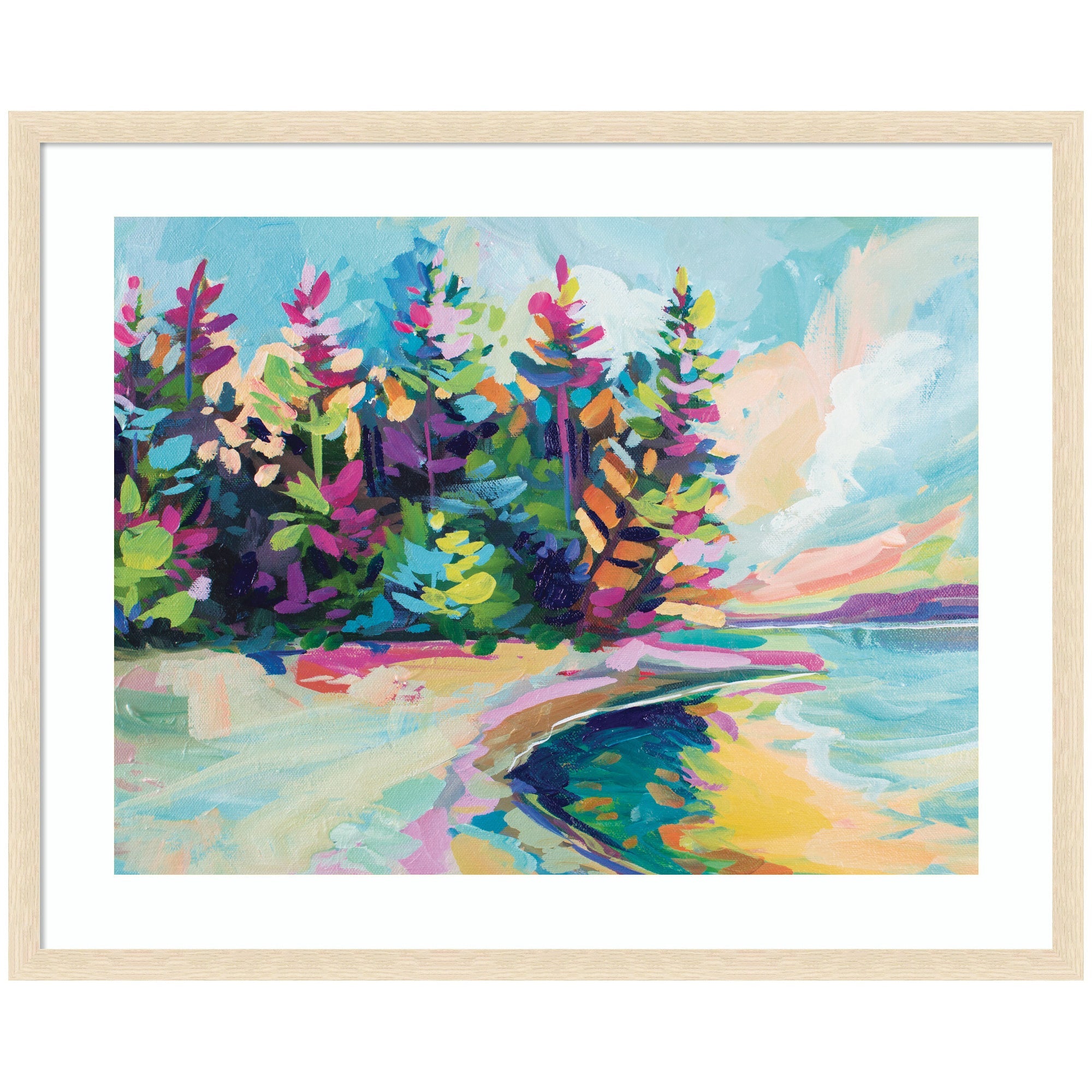 Framed abstract landscape artwork 'Saturday In Door County' showing vibrant multicolored trees along a bright shoreline with a dynamic sky above a serene body of water.