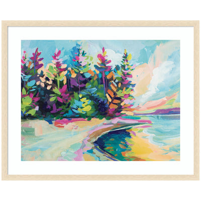 Framed abstract landscape artwork 'Saturday In Door County' showing vibrant multicolored trees along a bright shoreline with a dynamic sky above a serene body of water.