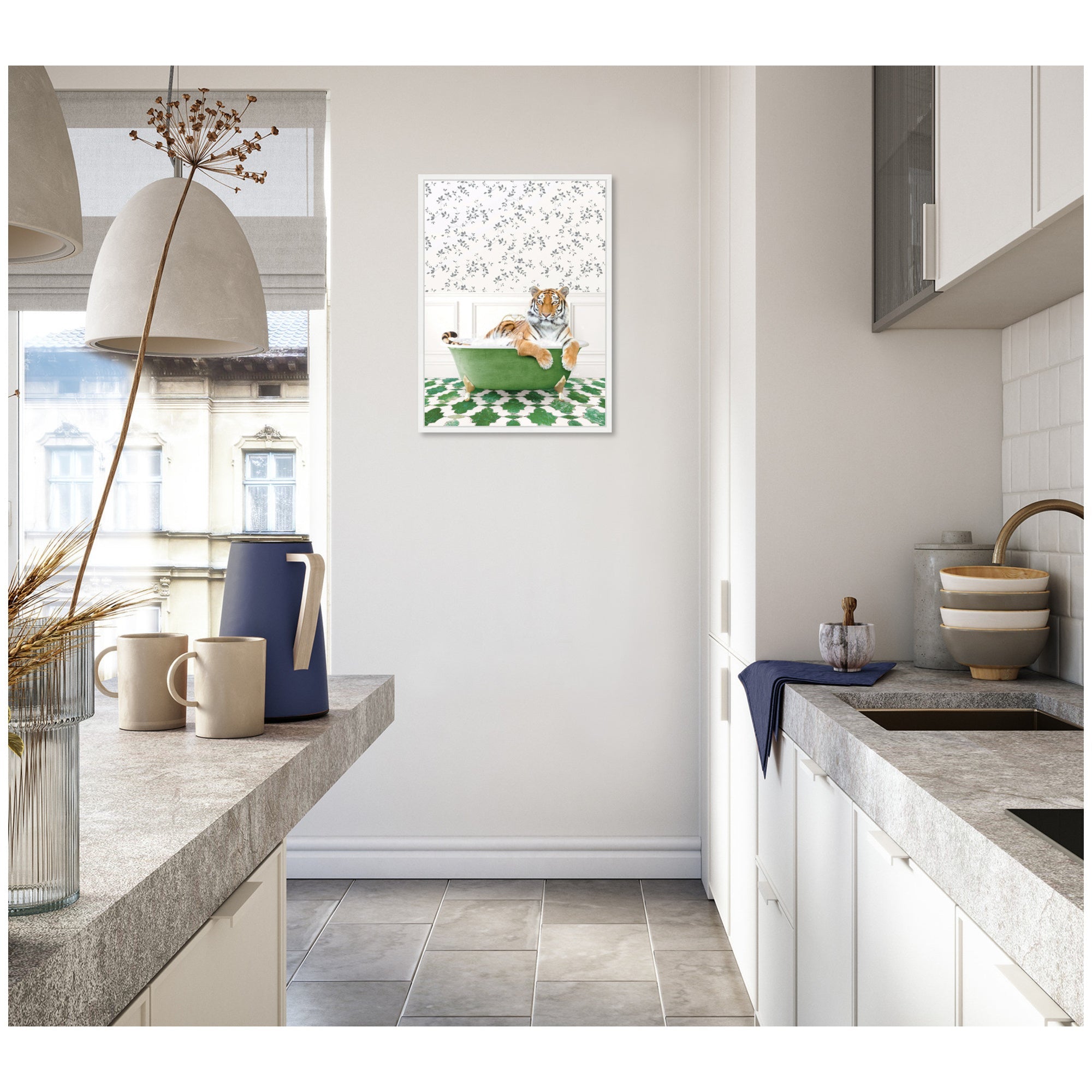 Sylvie Tiger in Eclectic Green Bathtub Framed Canvas