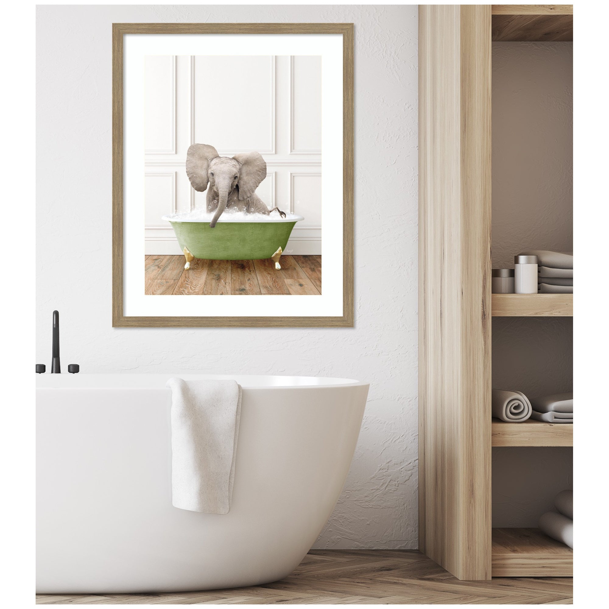 Baby Elephant in Transitional Bathtub by Amy Peterson Framed Wall Art Print