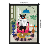 Two-headed black cat with yellow eyes sitting in a pink armchair, reading a newspaper titled 'NEWS,' framed by green plants and a blue floor lamp in a cozy room.