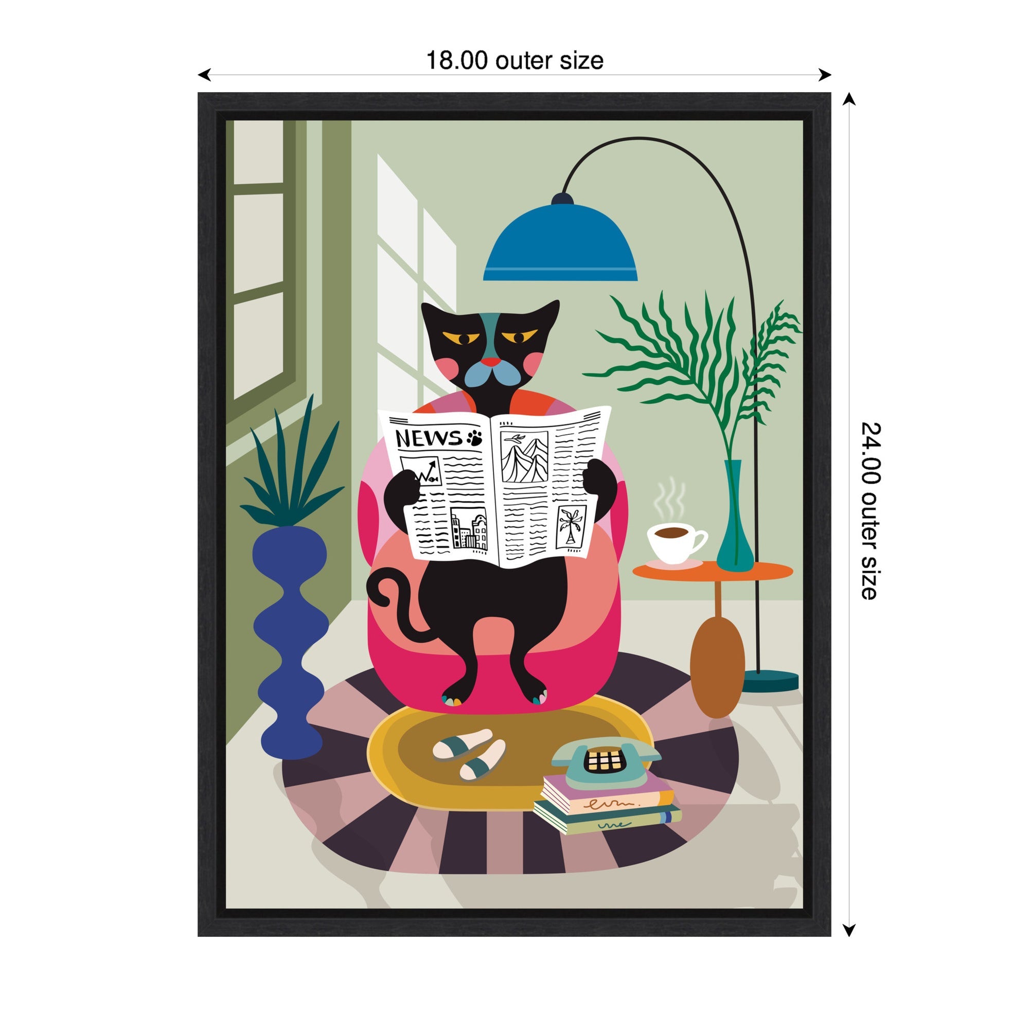 Sylvie Black Cat Reading Newspaper Framed Canvas by Rachel Lee