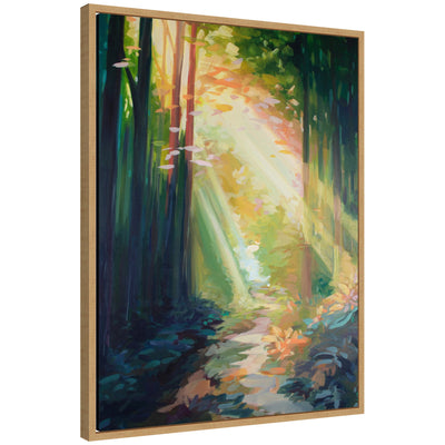 Sylvie Forest Sunshine framed canvas artwork showing sunlit forest landscape by Rachel Christopoulos