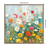 Square canvas painting of a wildflower garden with various colorful flowers including red, yellow, white, and pink blooms against a soft blue-green background, framed in a decorative gold frame.