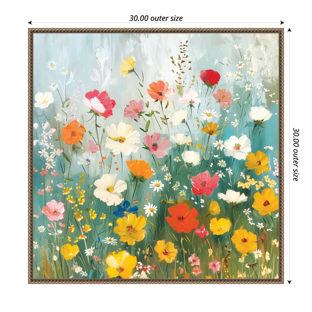 Square canvas painting of a wildflower garden with various colorful flowers including red, yellow, white, and pink blooms against a soft blue-green background, framed in a decorative gold frame.