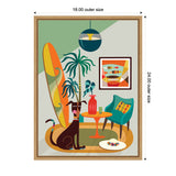 Illustration of a dark brown dog with a red collar sitting on a green rug, beside a retro orange surfboard, turquoise chair, round wooden table, and a potted plant under a blue pendant light.