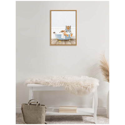 Sylvie Tiger in Cottage Blue Bathtub Framed Canvas by Amy Peterson
